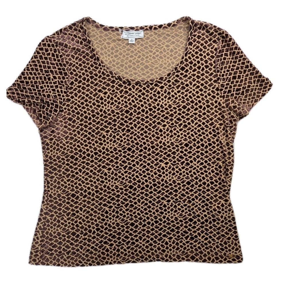 Vtg St. John Sport By Marie Gray Top Velvet Abstract Print Stretch Brown Size L